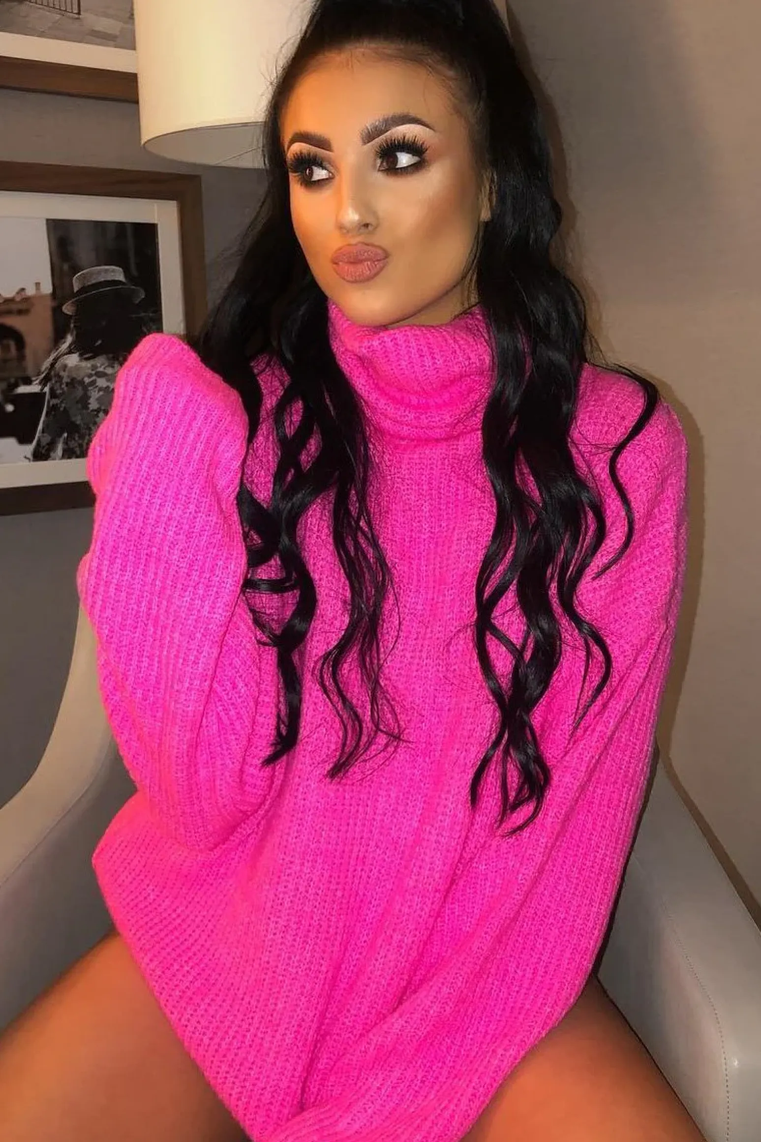 Rebellious Fashion Neon Pink Roll Neck Jumper Dress - Freylynn