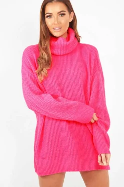 Rebellious Fashion Neon Pink Roll Neck Jumper Dress - Freylynn