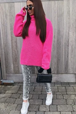 Rebellious Fashion Neon Pink Roll Neck Jumper Dress - Freylynn