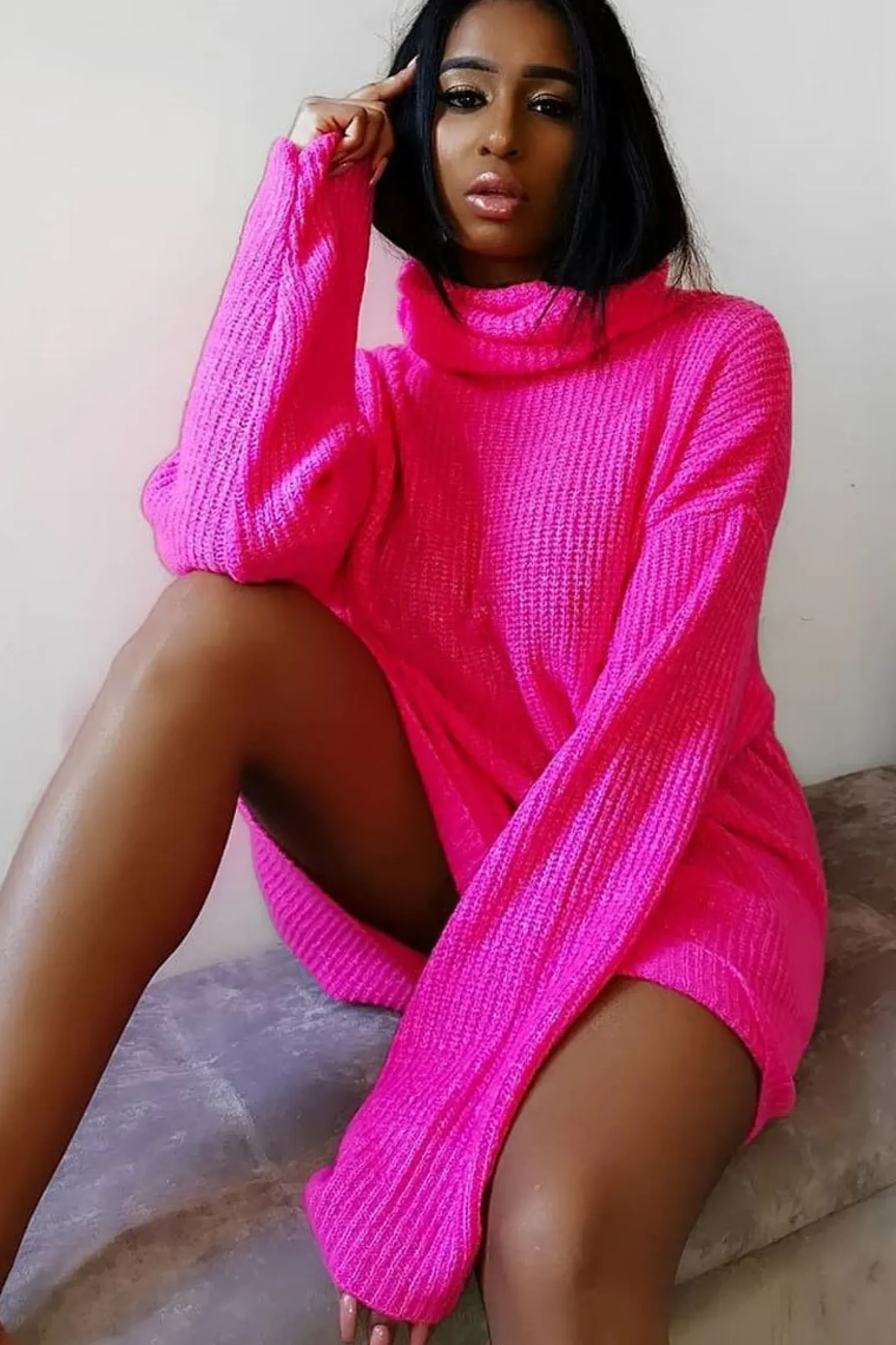 Rebellious Fashion Neon Pink Roll Neck Jumper Dress - Freylynn