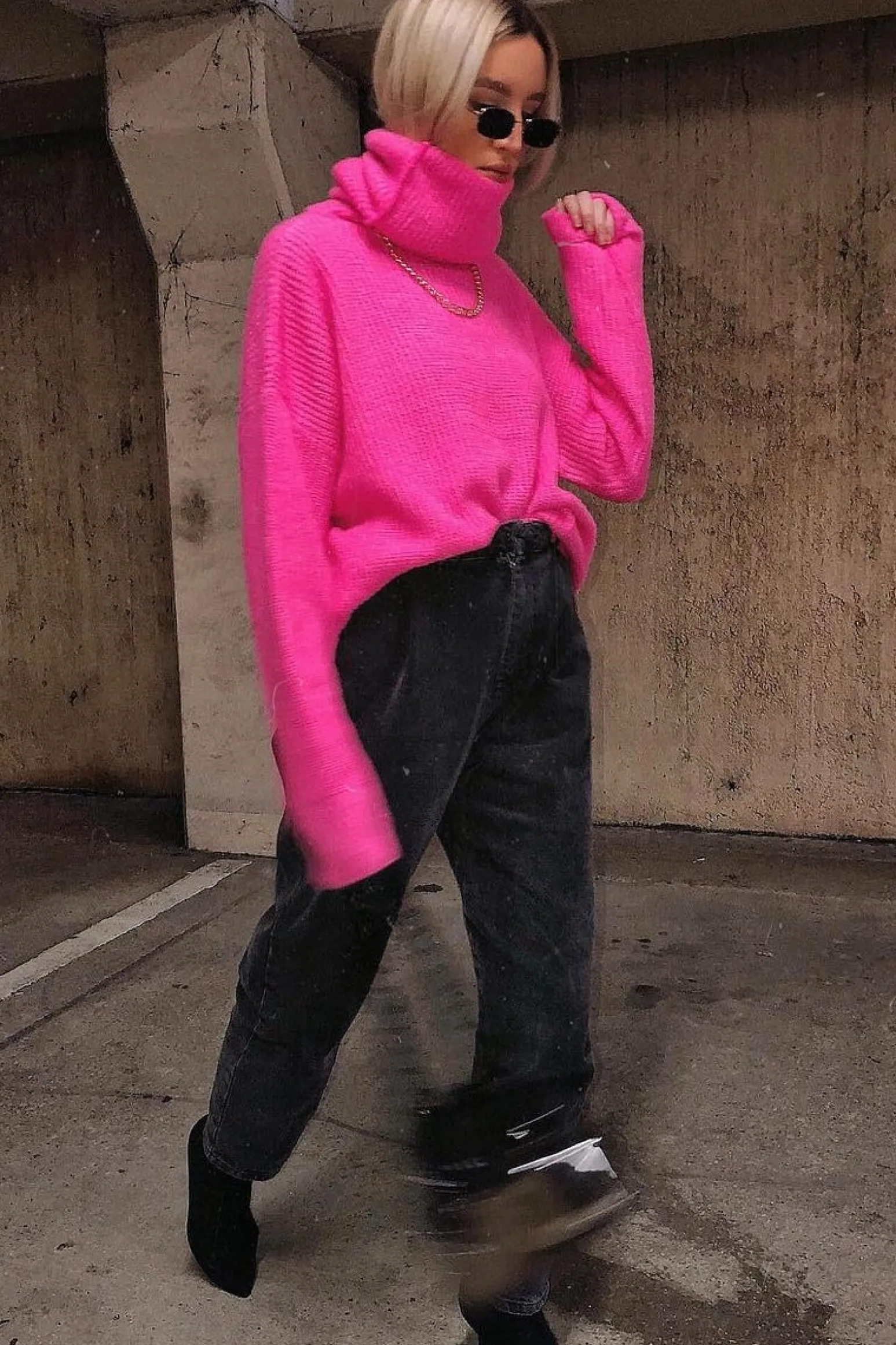 Rebellious Fashion Neon Pink Roll Neck Jumper Dress - Freylynn