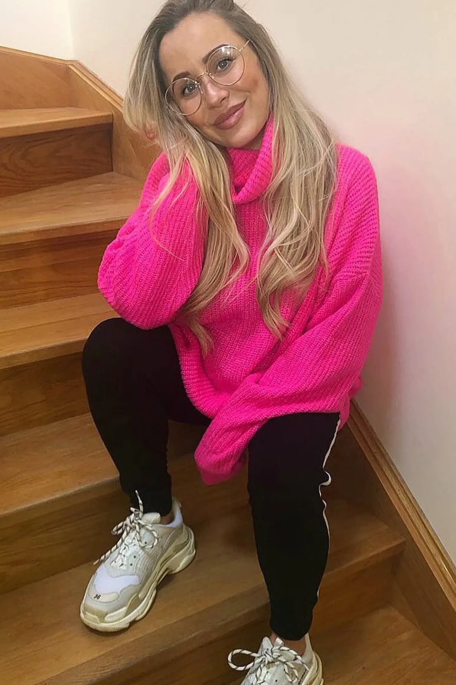 Rebellious Fashion Neon Pink Roll Neck Jumper Dress - Freylynn