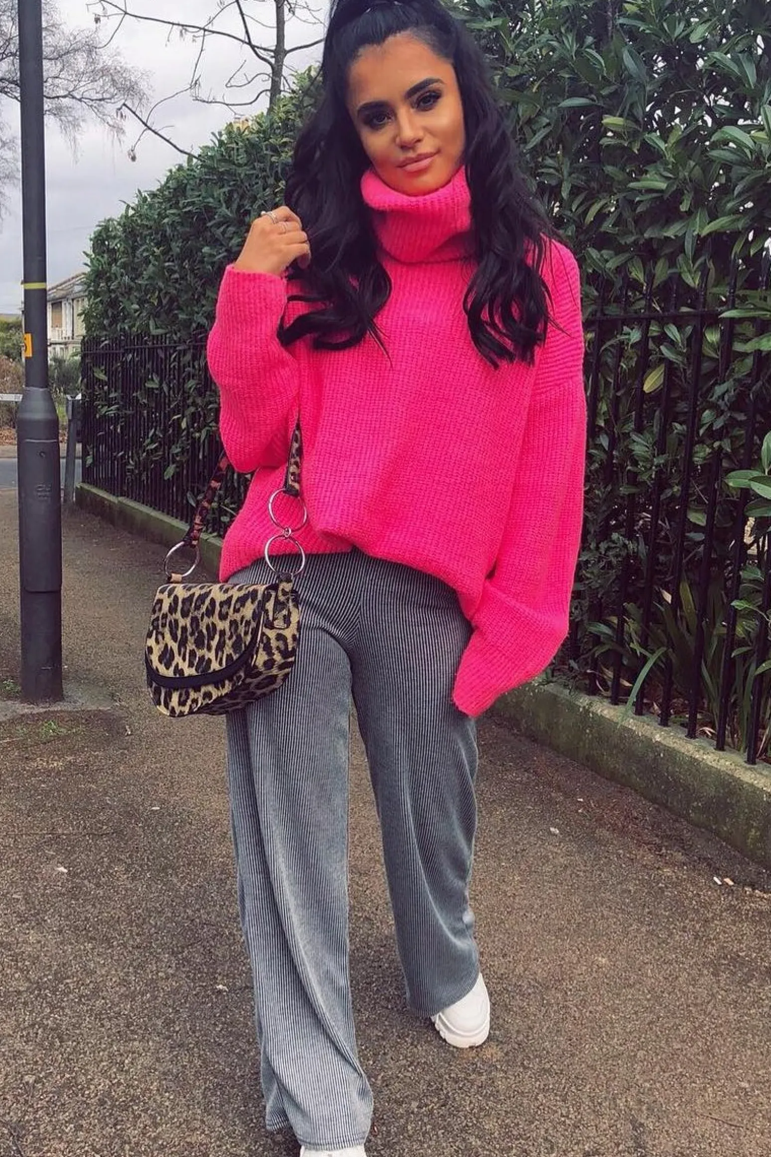 Rebellious Fashion Neon Pink Roll Neck Jumper Dress - Freylynn