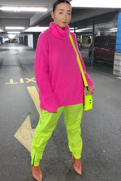 Rebellious Fashion Neon Pink Roll Neck Jumper Dress - Freylynn
