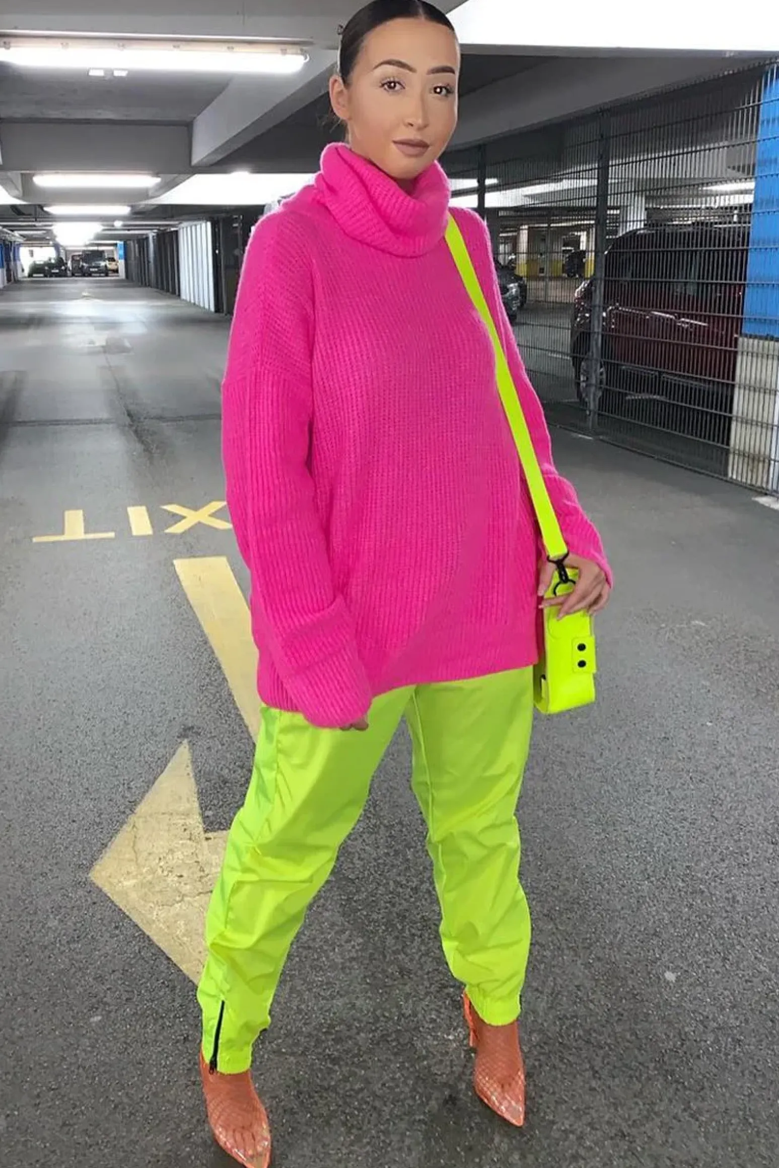 Rebellious Fashion Neon Pink Roll Neck Jumper Dress - Freylynn