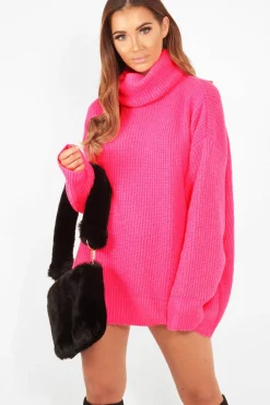 Rebellious Fashion Neon Pink Roll Neck Jumper Dress - Freylynn