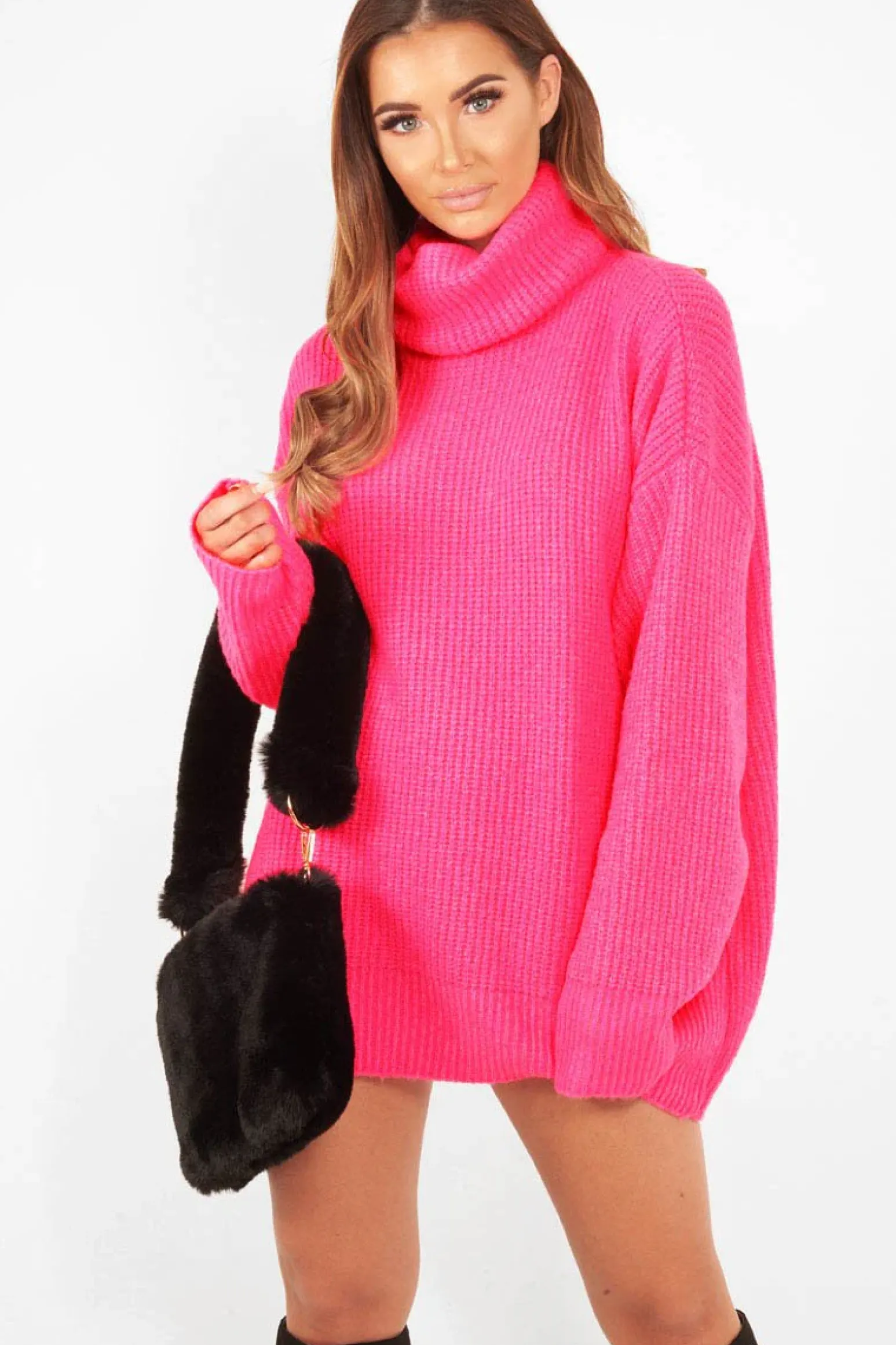 Rebellious Fashion Neon Pink Roll Neck Jumper Dress - Freylynn