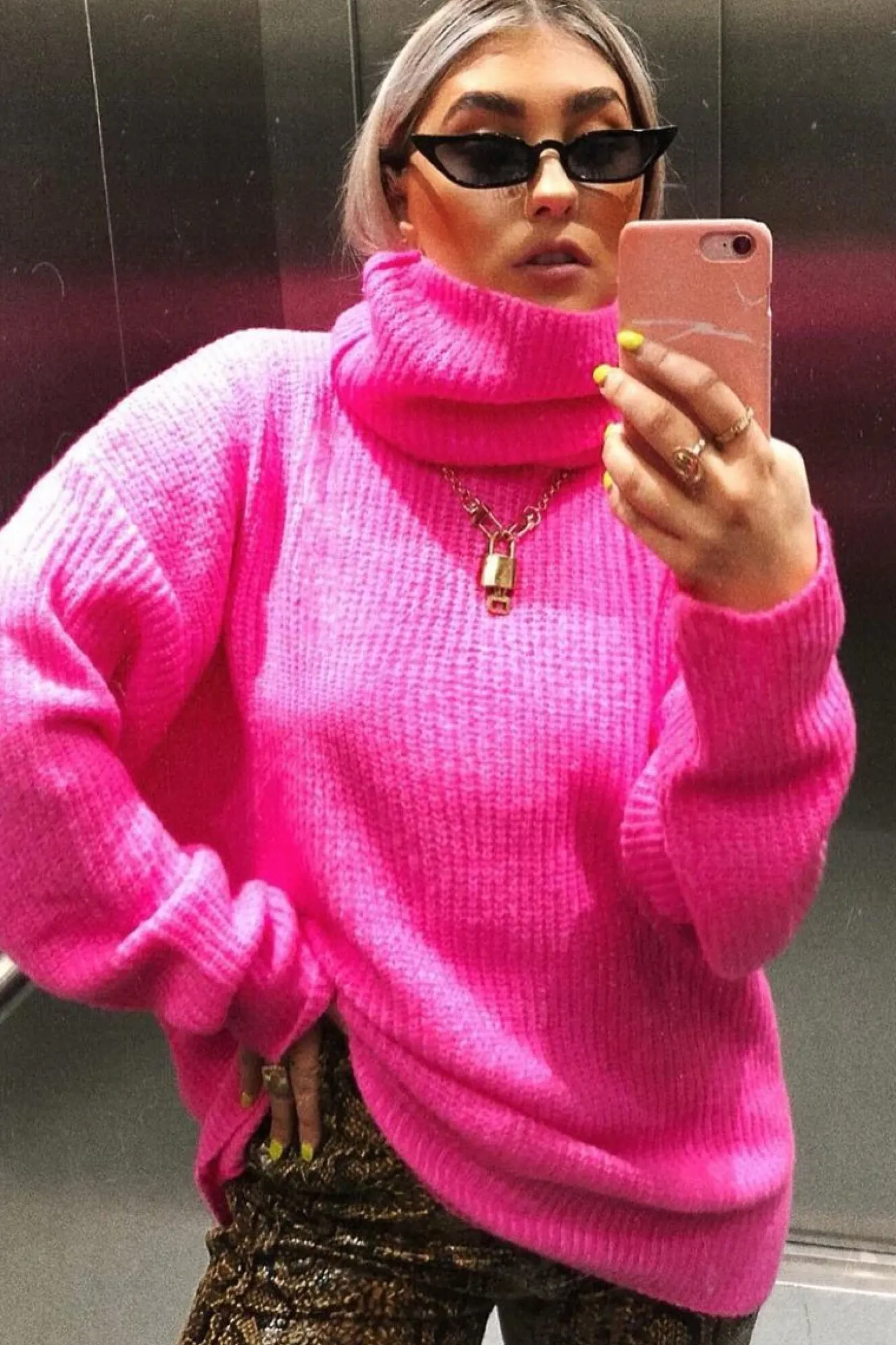 Rebellious Fashion Neon Pink Roll Neck Jumper Dress - Freylynn