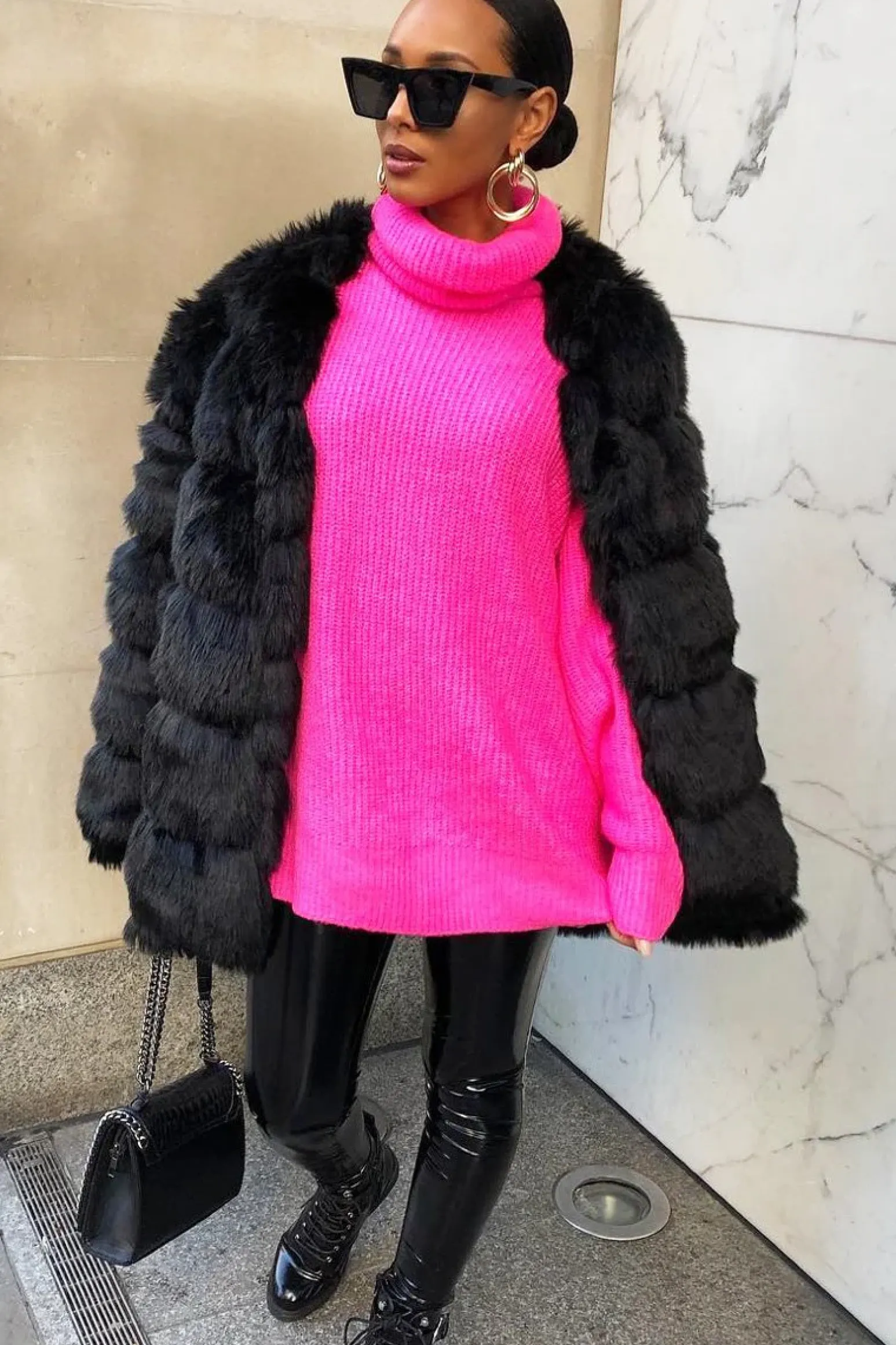 Rebellious Fashion Neon Pink Roll Neck Jumper Dress - Freylynn