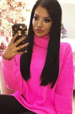 Rebellious Fashion Neon Pink Roll Neck Jumper Dress - Freylynn