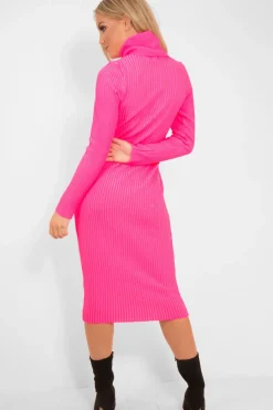 Rebellious Fashion Neon Pink Roll Neck Rib Midi Jumper Dress - Giana