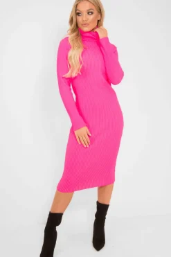 Rebellious Fashion Neon Pink Roll Neck Rib Midi Jumper Dress - Giana