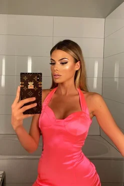 Rebellious Fashion Neon Pink Satin Cup Detail Mini Dress - Jenna