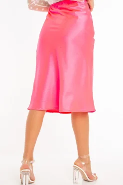 Rebellious Fashion Neon Pink Satin High Waist Floaty Midi Skirt - Dasha