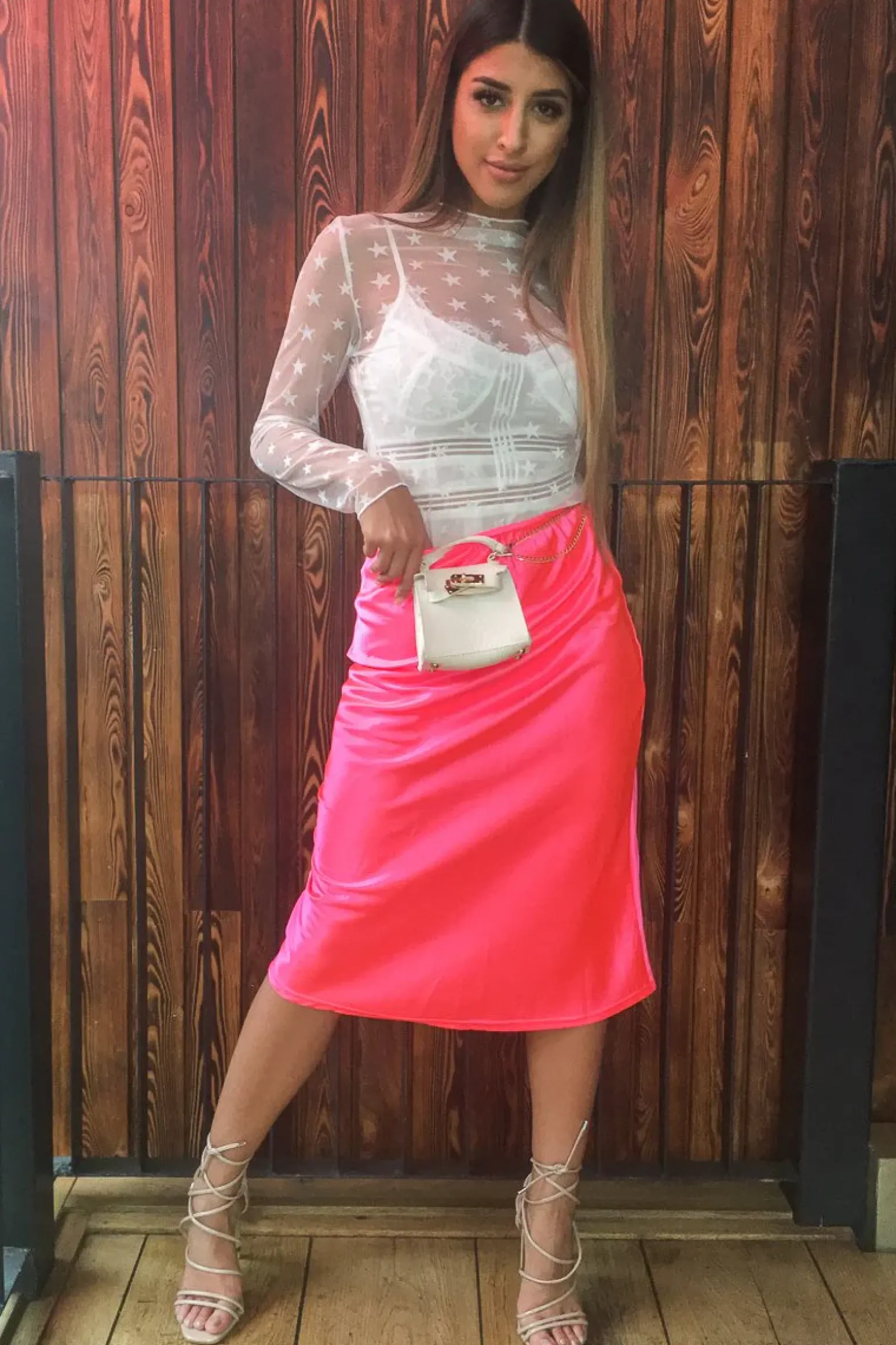 Rebellious Fashion Neon Pink Satin High Waist Floaty Midi Skirt - Dasha