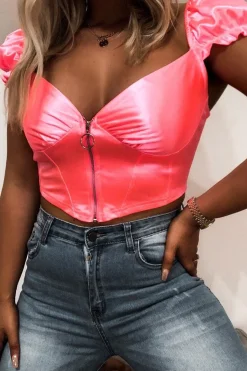 Rebellious Fashion Neon Pink Satin Milkmaid Ring Zip Crop Top - Aariel