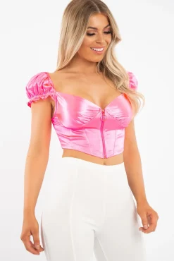 Rebellious Fashion Neon Pink Satin Milkmaid Ring Zip Crop Top - Aariel