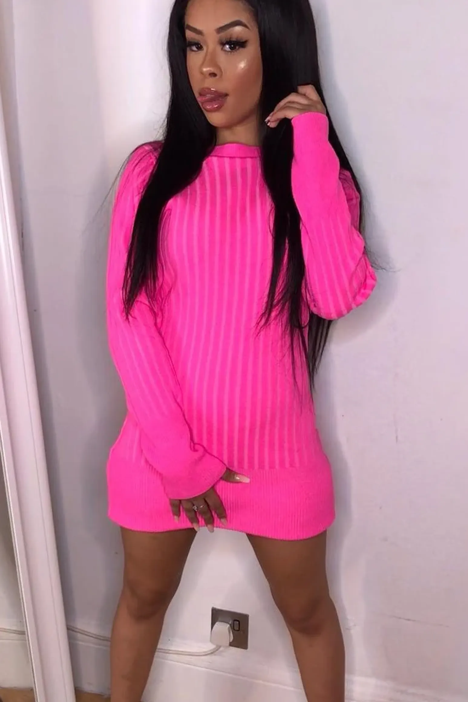Rebellious Fashion Neon Pink Slash Neck Jumper Dress - Jeslyn