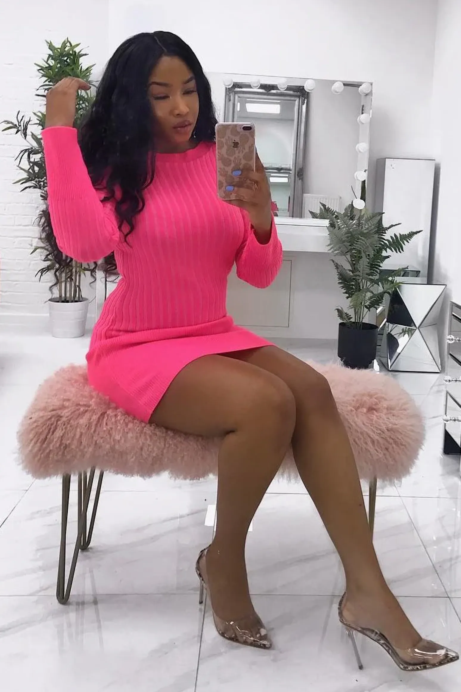 Rebellious Fashion Neon Pink Slash Neck Jumper Dress - Jeslyn