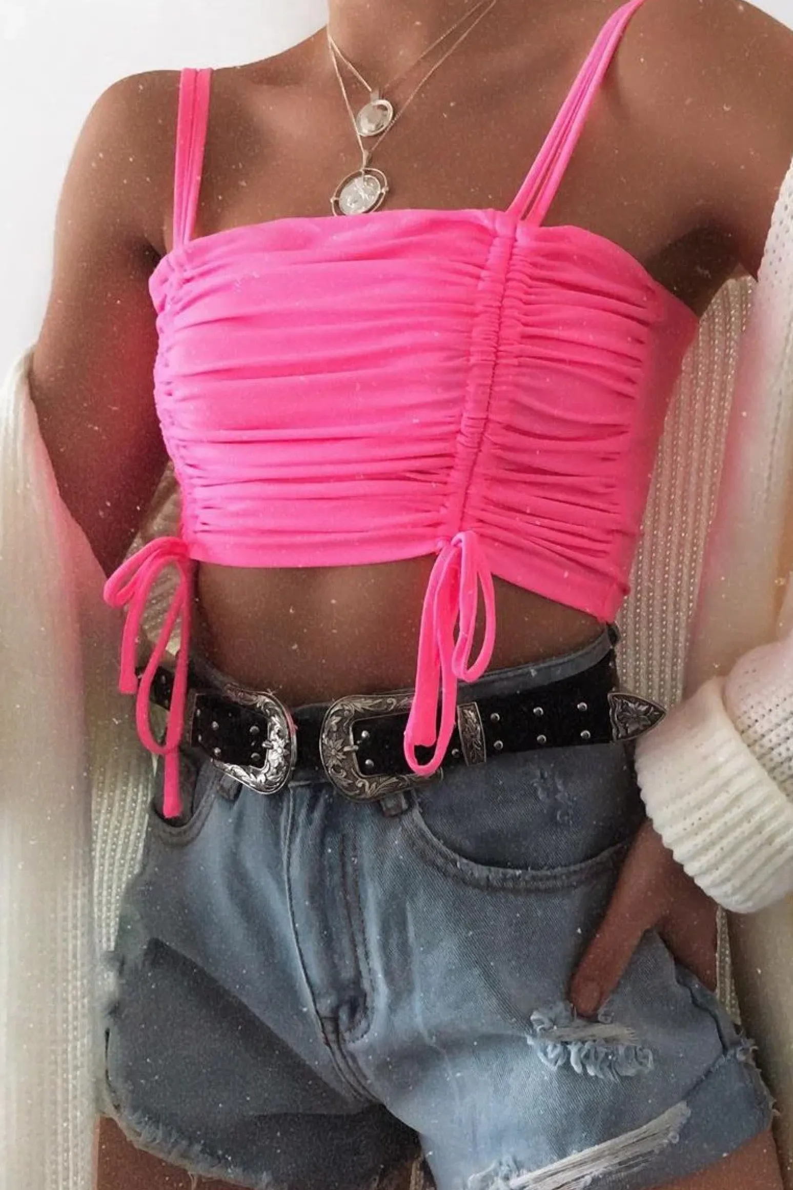 Rebellious Fashion Neon Pink Slinky Ruched Detail Crop Top - Bellah