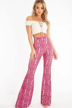 Rebellious Fashion Neon Pink Snake Print Flared Trousers - Mianna