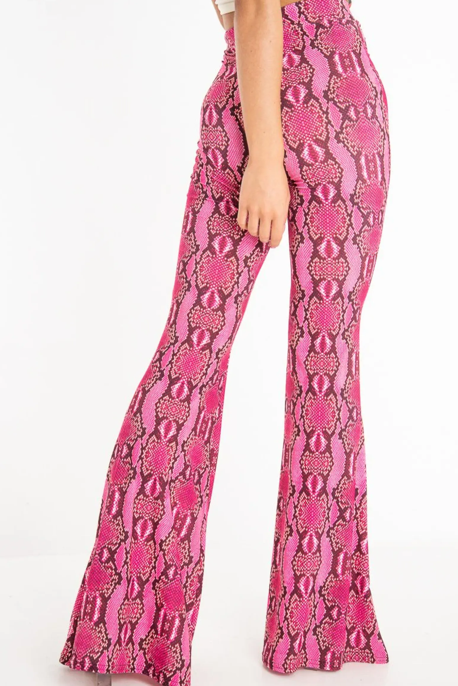 Rebellious Fashion Neon Pink Snake Print Flared Trousers - Mianna