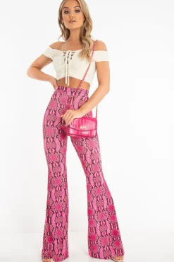 Rebellious Fashion Neon Pink Snake Print Flared Trousers - Mianna