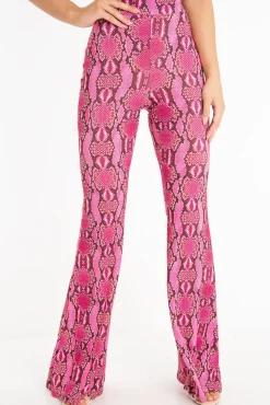 Rebellious Fashion Neon Pink Snake Print Flared Trousers - Mianna