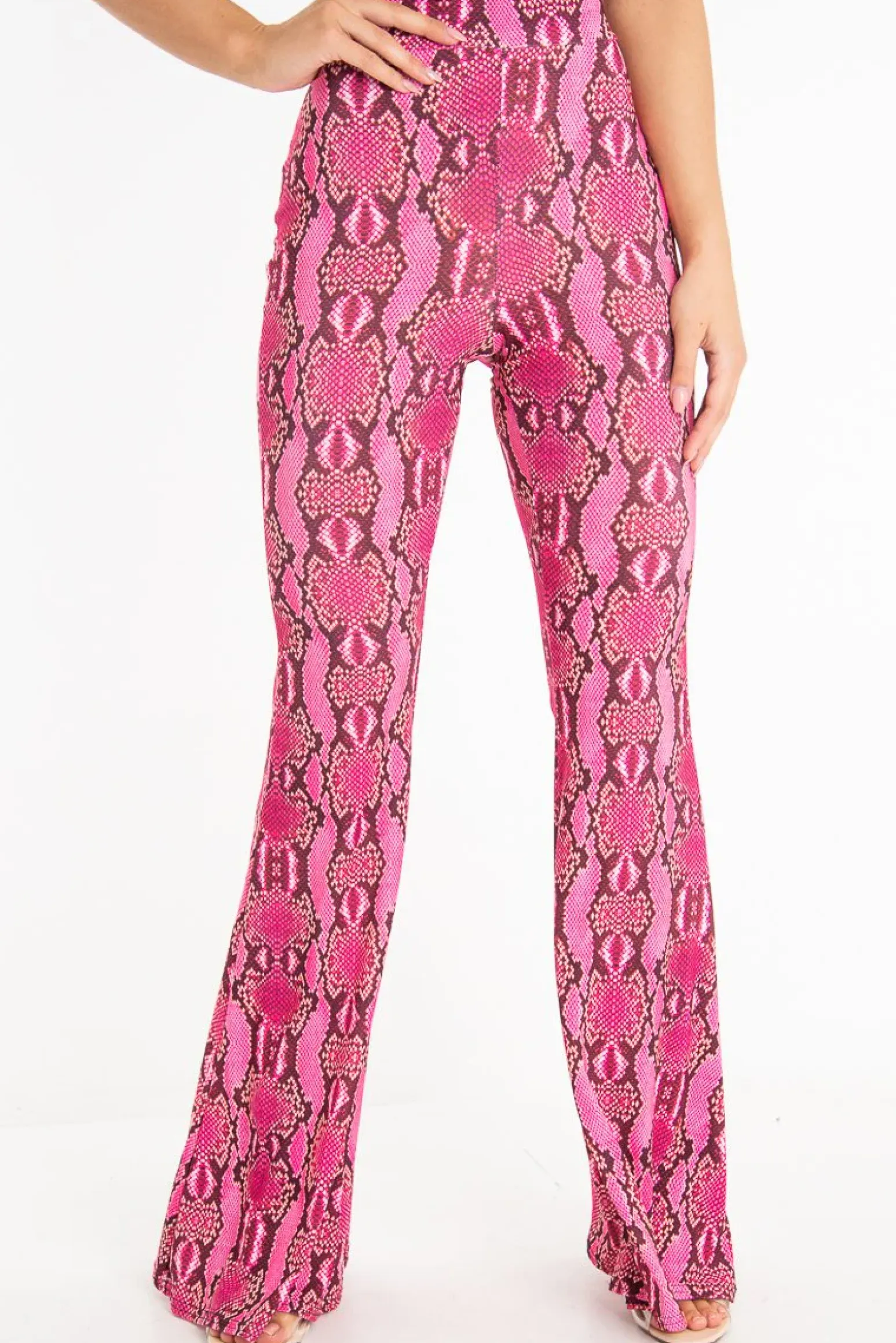 Rebellious Fashion Neon Pink Snake Print Flared Trousers - Mianna
