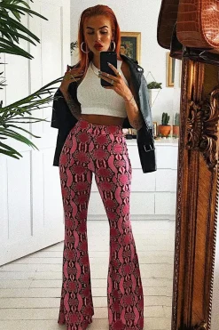 Rebellious Fashion Neon Pink Snake Print Flared Trousers - Mianna