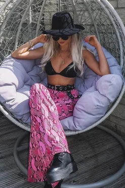 Rebellious Fashion Neon Pink Snake Print Flared Trousers - Mianna