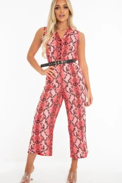 Rebellious Fashion Neon Pink Snake Wide Leg Belted Jumpsuit - Sonny