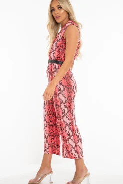 Rebellious Fashion Neon Pink Snake Wide Leg Belted Jumpsuit - Sonny