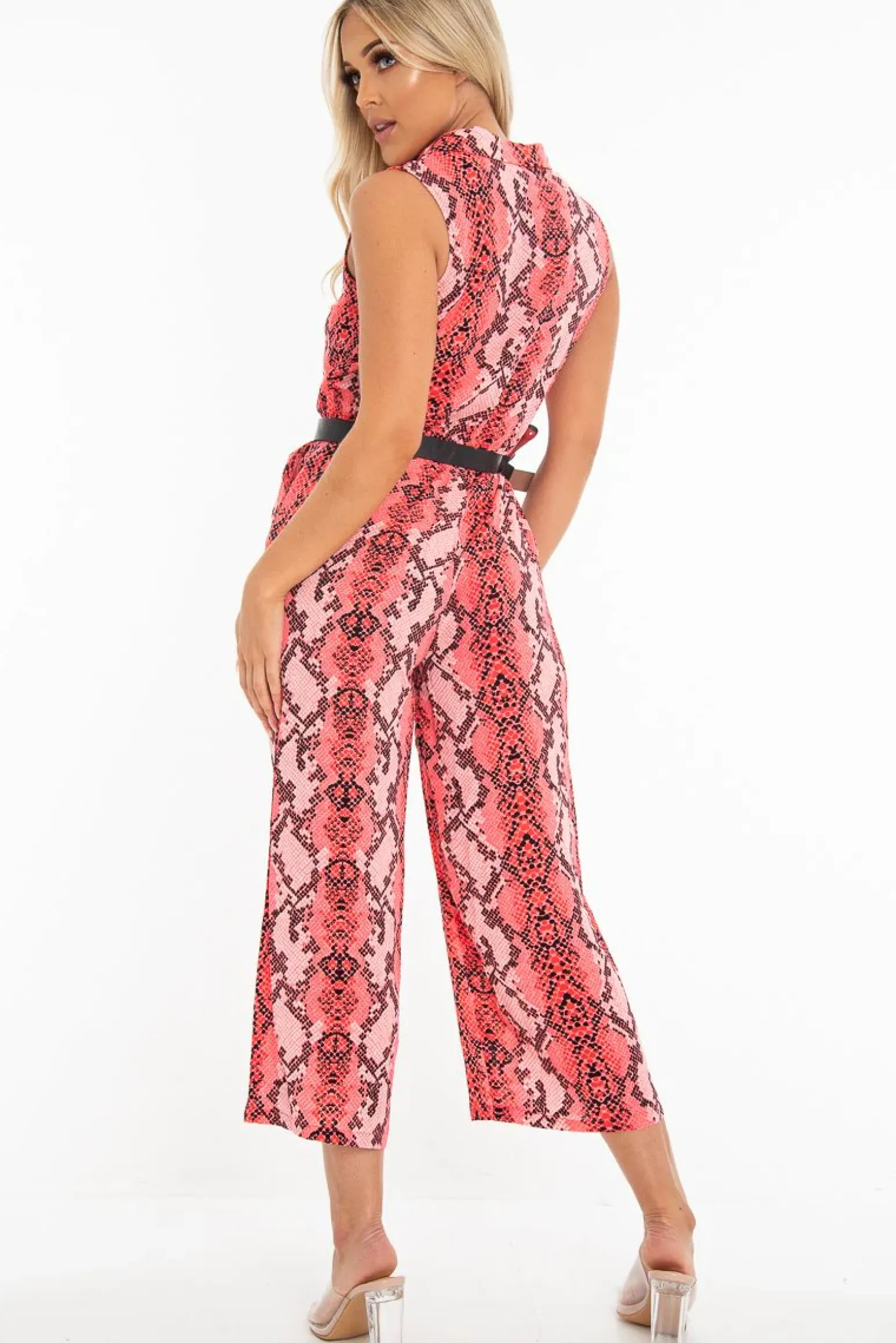Rebellious Fashion Neon Pink Snake Wide Leg Belted Jumpsuit - Sonny