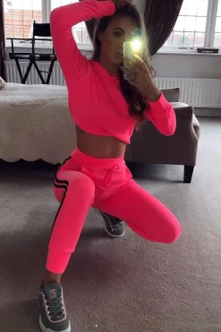 Rebellious Fashion Neon Pink Stripe Side Crop Tracksuit - Misha
