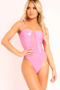 Rebellious Fashion Neon Pink Vinyl Mesh Corset Bodysuit - Joeliz