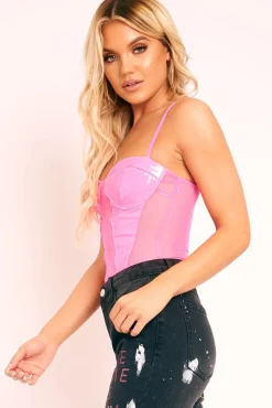Rebellious Fashion Neon Pink Vinyl Mesh Corset Bodysuit - Joeliz