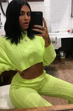 Rebellious Fashion Neon Yellow Cable Knit Batwing Jumper Loungwear Set - Janea