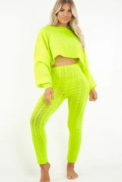 Rebellious Fashion Neon Yellow Cable Knit Batwing Jumper Loungwear Set - Janea