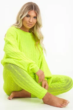 Rebellious Fashion Neon Yellow Cable Knit Batwing Jumper Loungwear Set - Janea