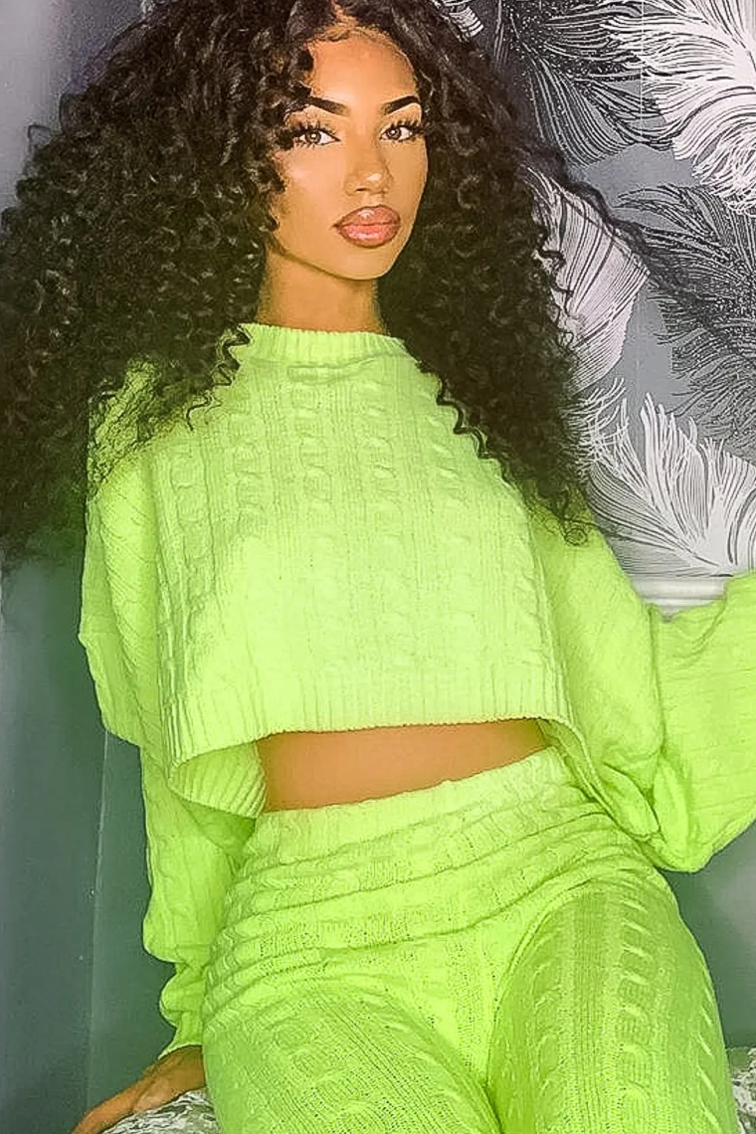 Rebellious Fashion Neon Yellow Cable Knit Batwing Jumper Loungwear Set - Janea