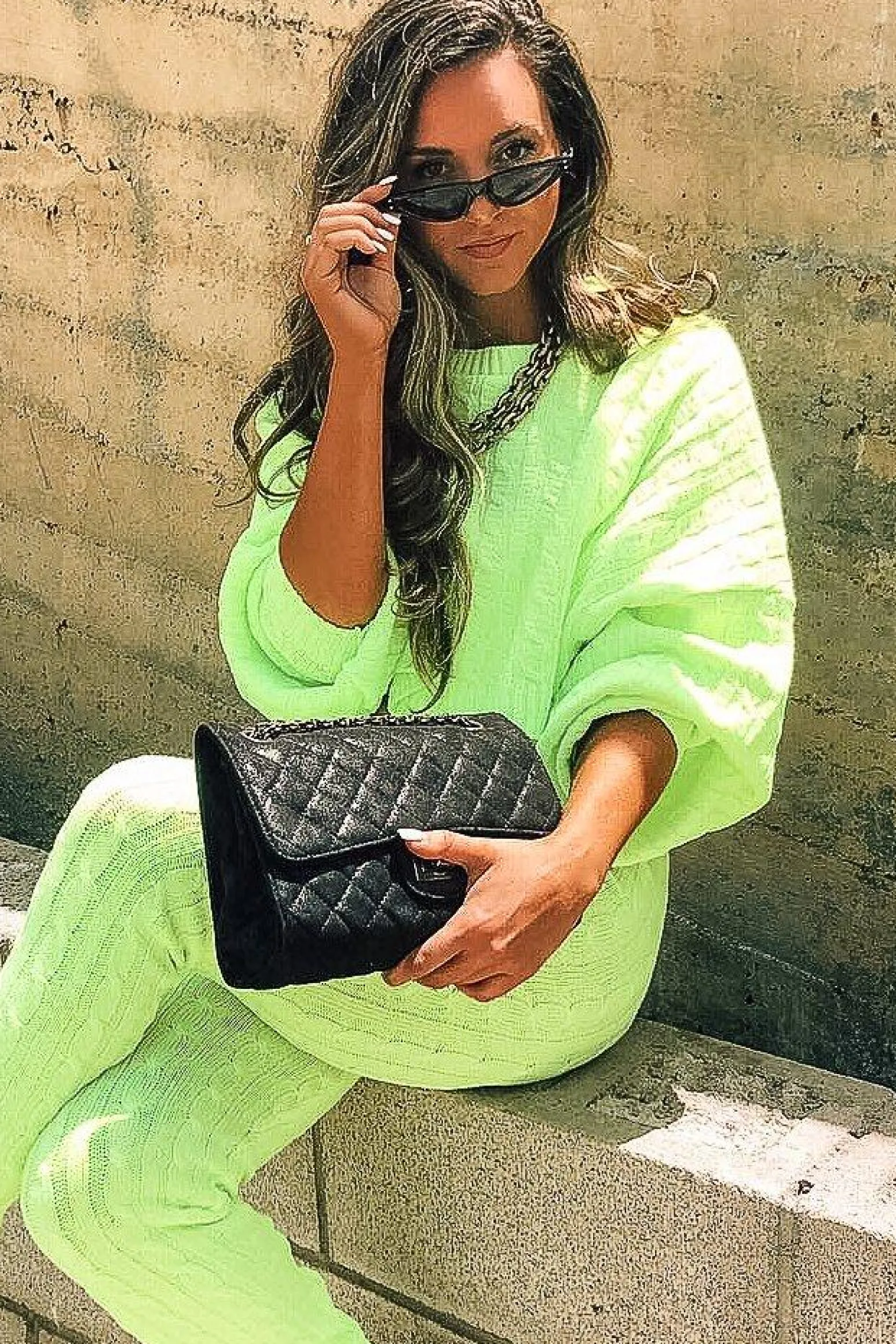 Rebellious Fashion Neon Yellow Cable Knit Batwing Jumper Loungwear Set - Janea
