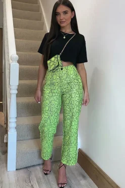 Rebellious Fashion Neon Yellow Coated Snake Print Trousers - Missy