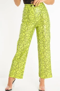 Rebellious Fashion Neon Yellow Coated Snake Print Trousers - Missy