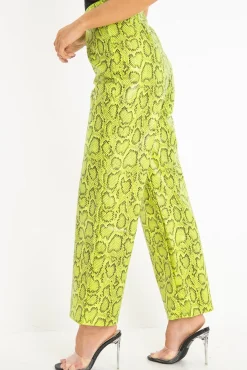 Rebellious Fashion Neon Yellow Coated Snake Print Trousers - Missy
