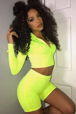 Rebellious Fashion Neon Yellow Crop Top Cycling Shorts Co-Ord - Cleo