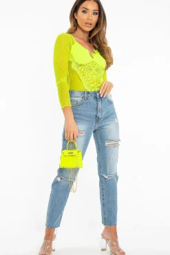 Rebellious Fashion Neon Yellow Dobby Mesh Low Cut Bodysuit - Tamara