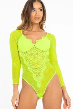 Rebellious Fashion Neon Yellow Dobby Mesh Low Cut Bodysuit - Tamara