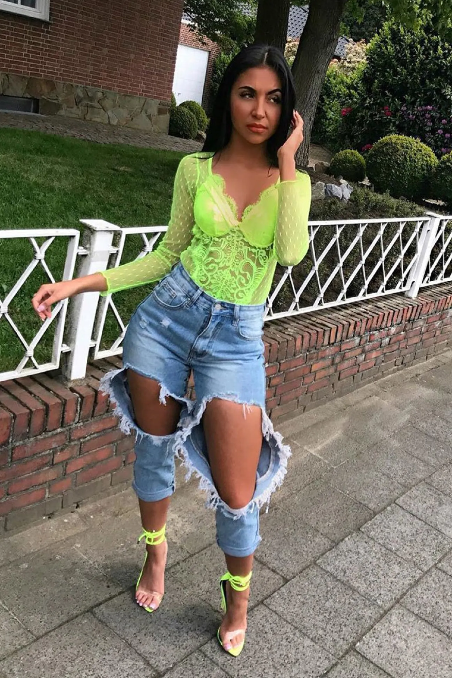 Rebellious Fashion Neon Yellow Dobby Mesh Low Cut Bodysuit - Tamara