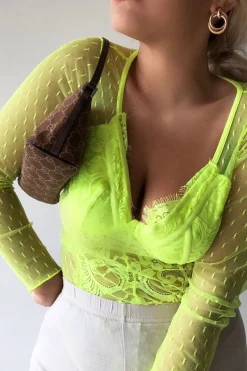 Rebellious Fashion Neon Yellow Dobby Mesh Low Cut Bodysuit - Tamara